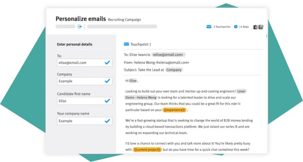 A screenshot of Lever’s candidate nurture tool’s email personalization capabilities.